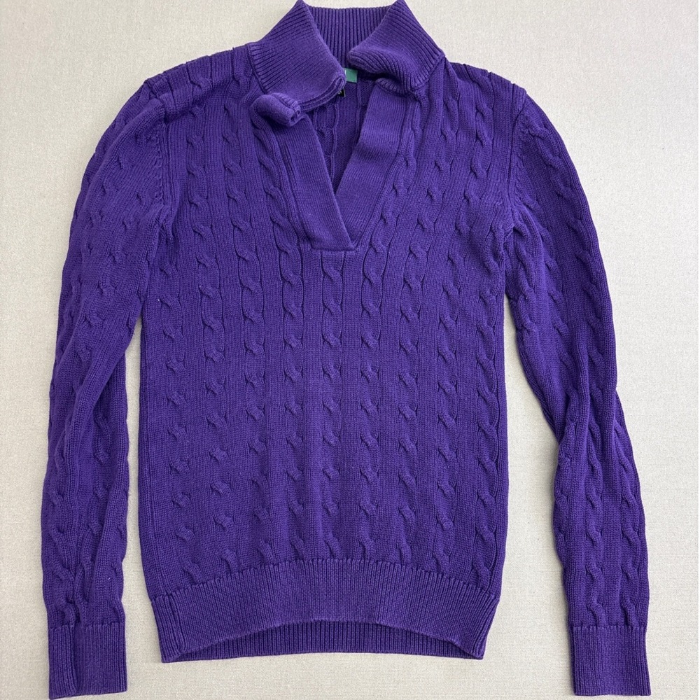 Lauren Ralph Lauren Purple Cable Knit Cotton Sweater XS Split Neck Collar
